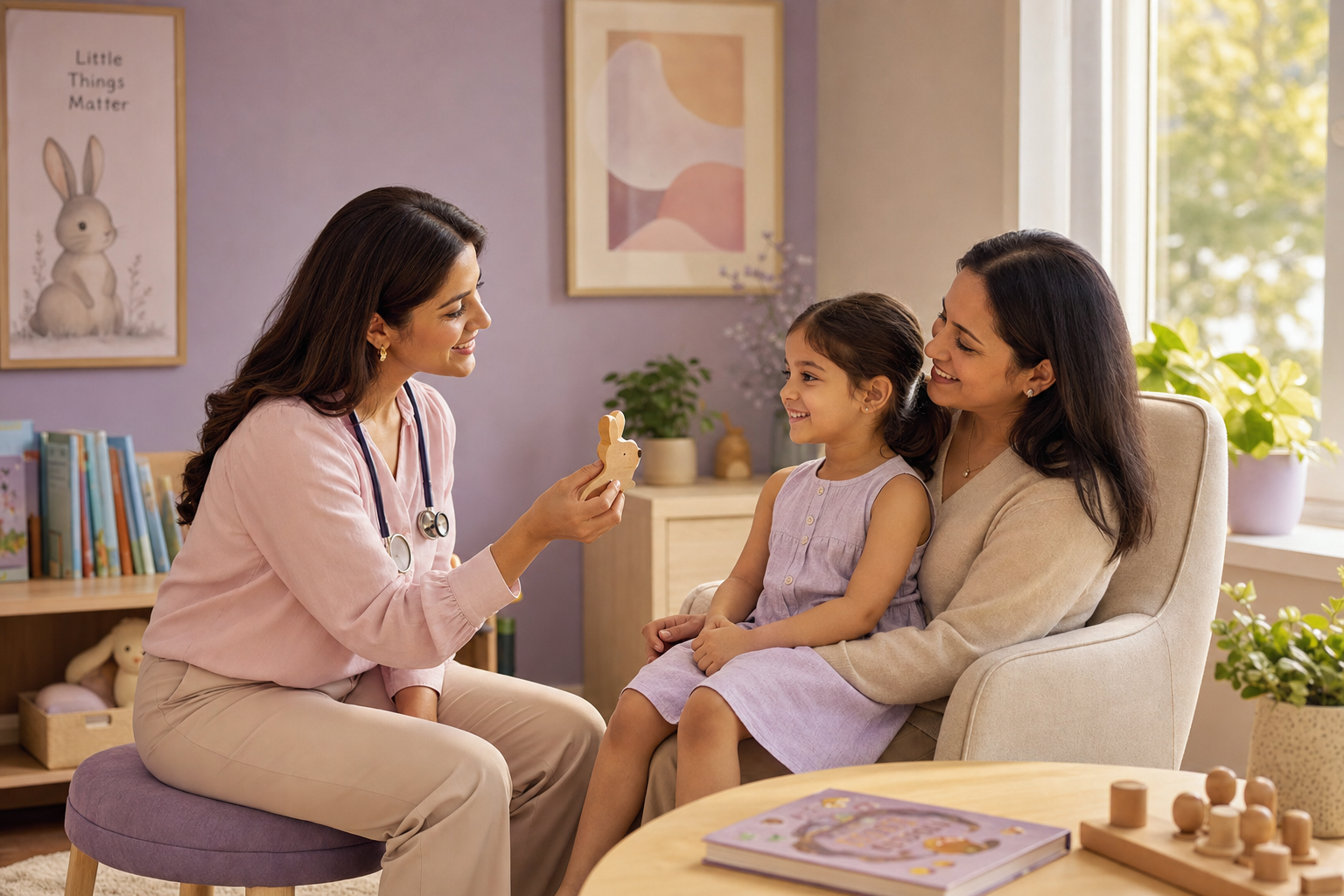 A paediatrician meeting a child and parent in a sunlit consulting room