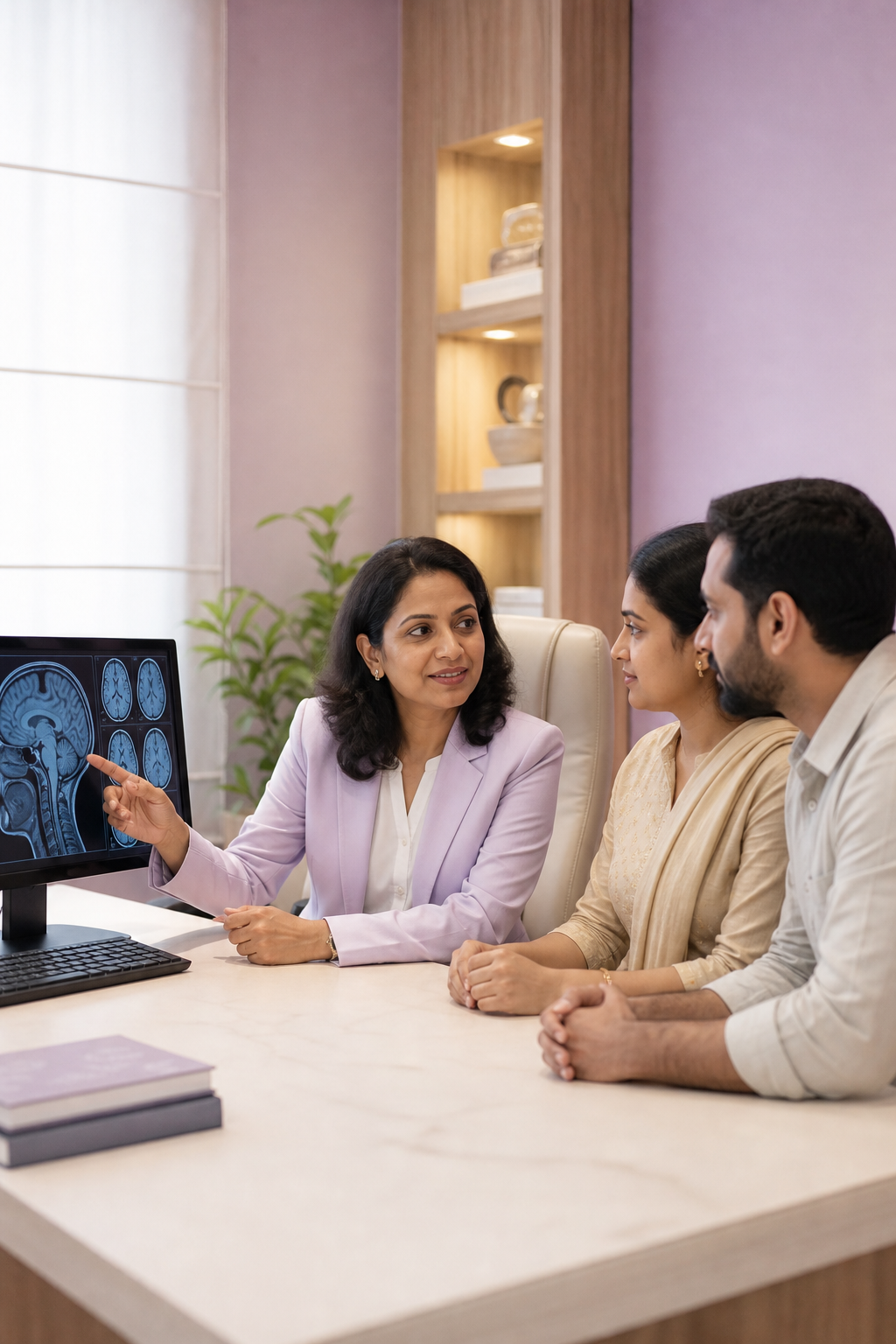 A paediatric neurologist reviewing findings with a child's parents