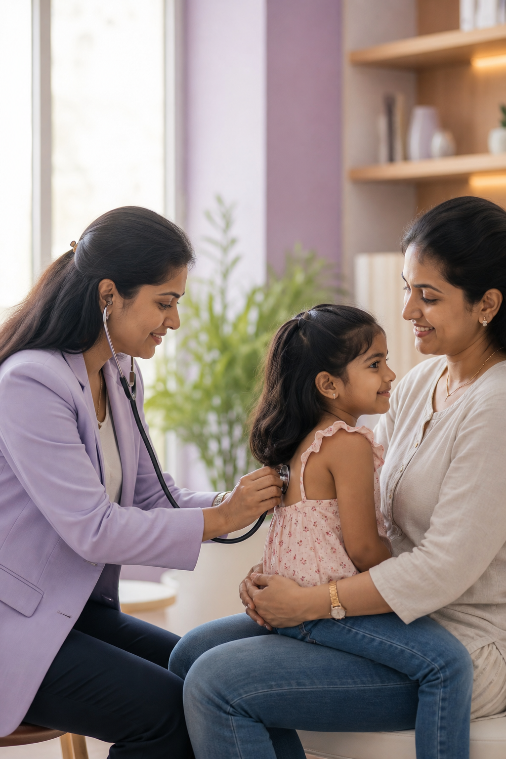 A paediatrician listening to a young boy's heart with a stethoscope