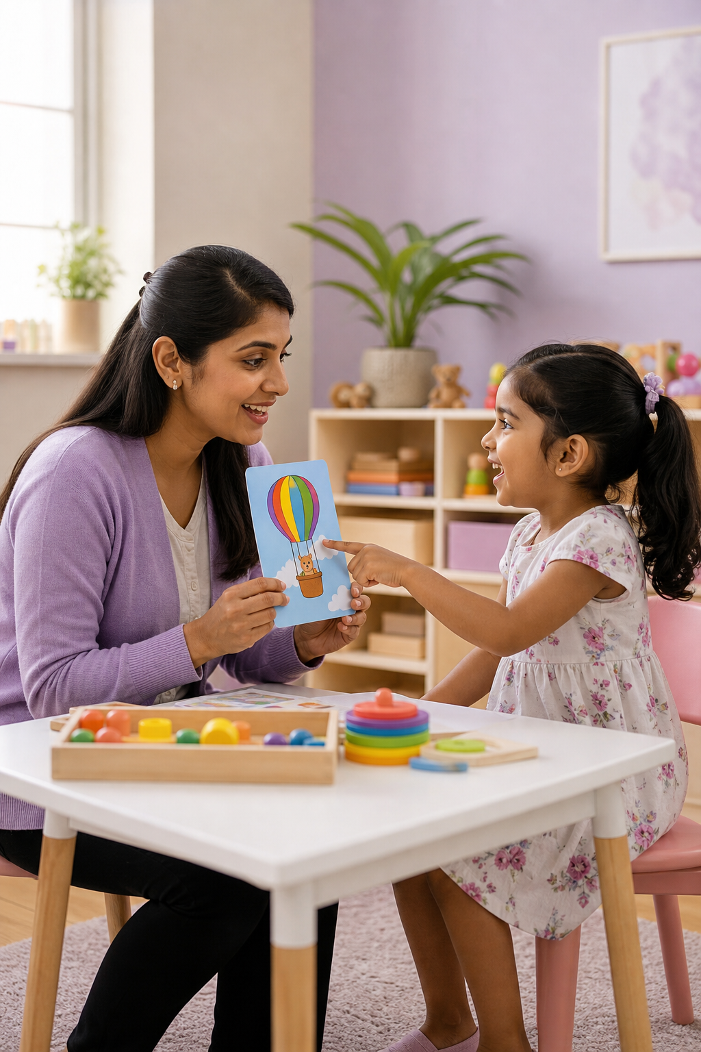 A therapist working through picture cards with a young child