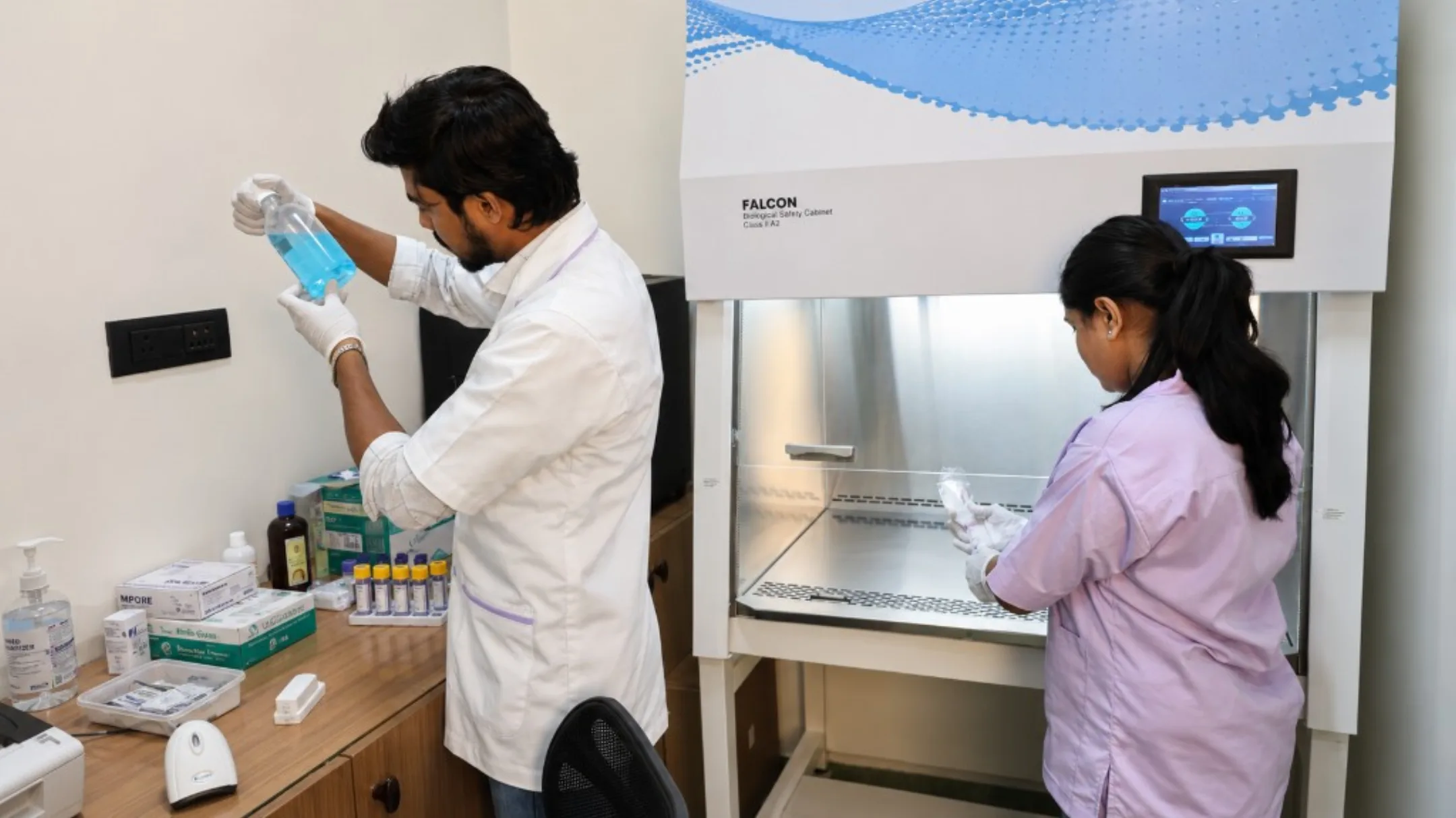 Lab technicians processing samples in a biological safety cabinet at the in-house diagnostic lab