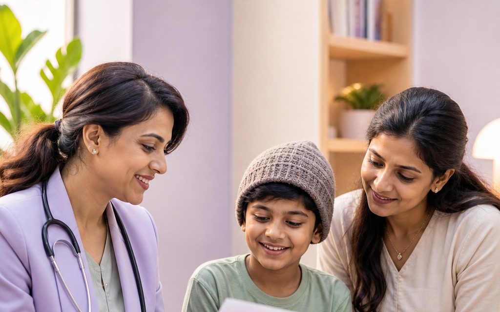 A paediatrician explaining a care plan to a parent and child during a consultation