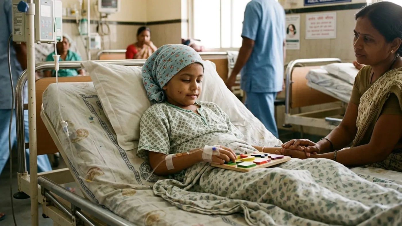 A young girl in a hospital bed doing a puzzle beside her mother, during childhood cancer treatment