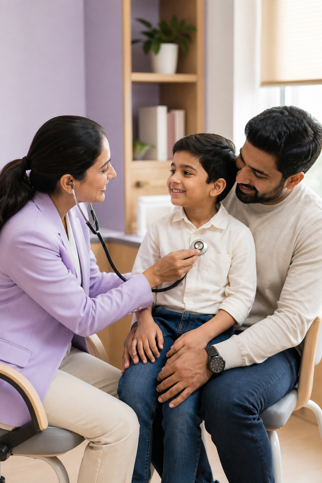 A paediatrician listening to a young boy's heart with a stethoscope