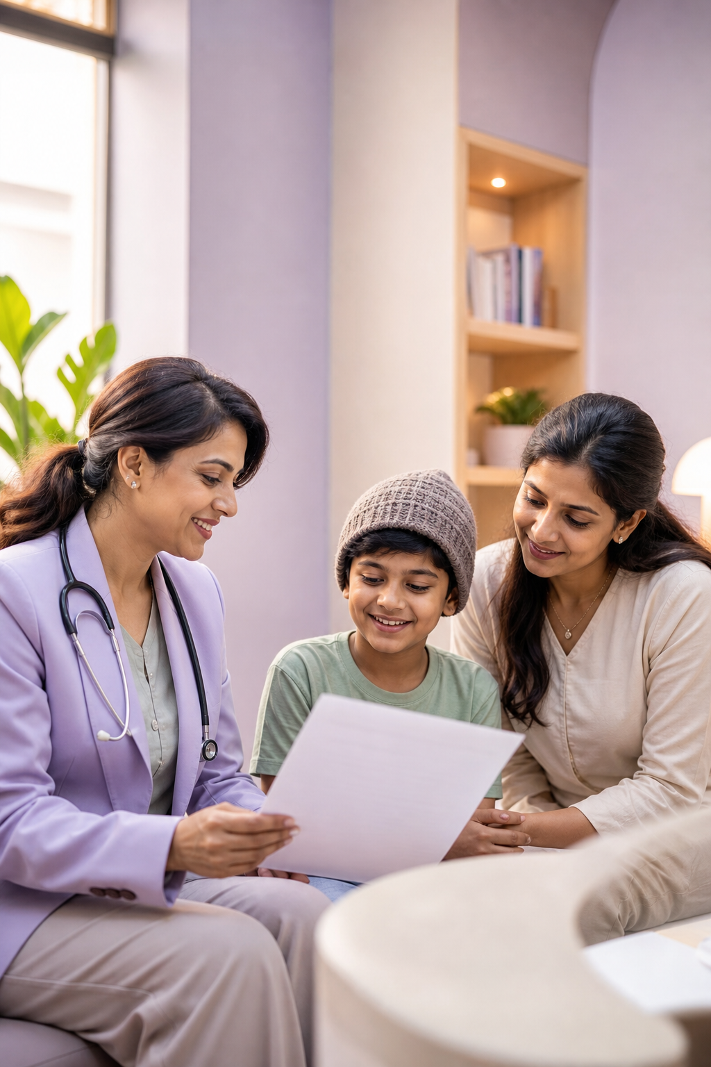 A paediatrician explaining a blood report to a child's parents
