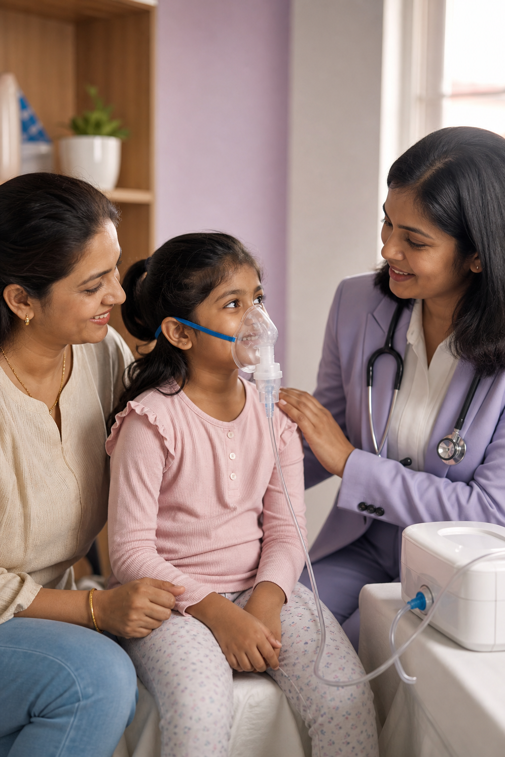 A paediatrician listening to a child's chest during a breathing assessment