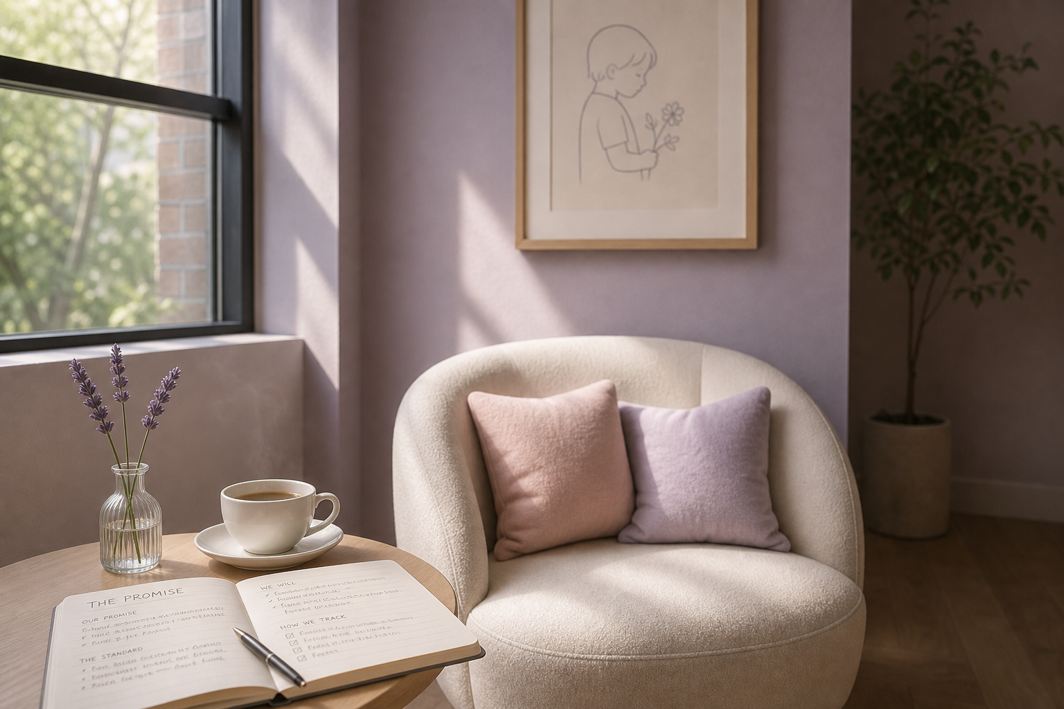 A quiet corner at Lavender Lane: an open notebook titled 'The Promise / The Standard', a teacup, lavender stems, beside a cream chair beneath a line drawing of a child